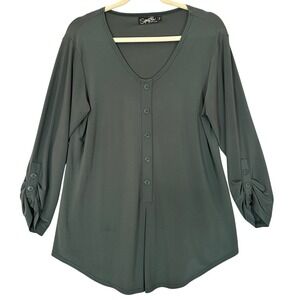 SYMPLI Tunic Top Sz 14 Green V-Neck Button Front Pullover Cinch Cuff‎ Minimalist